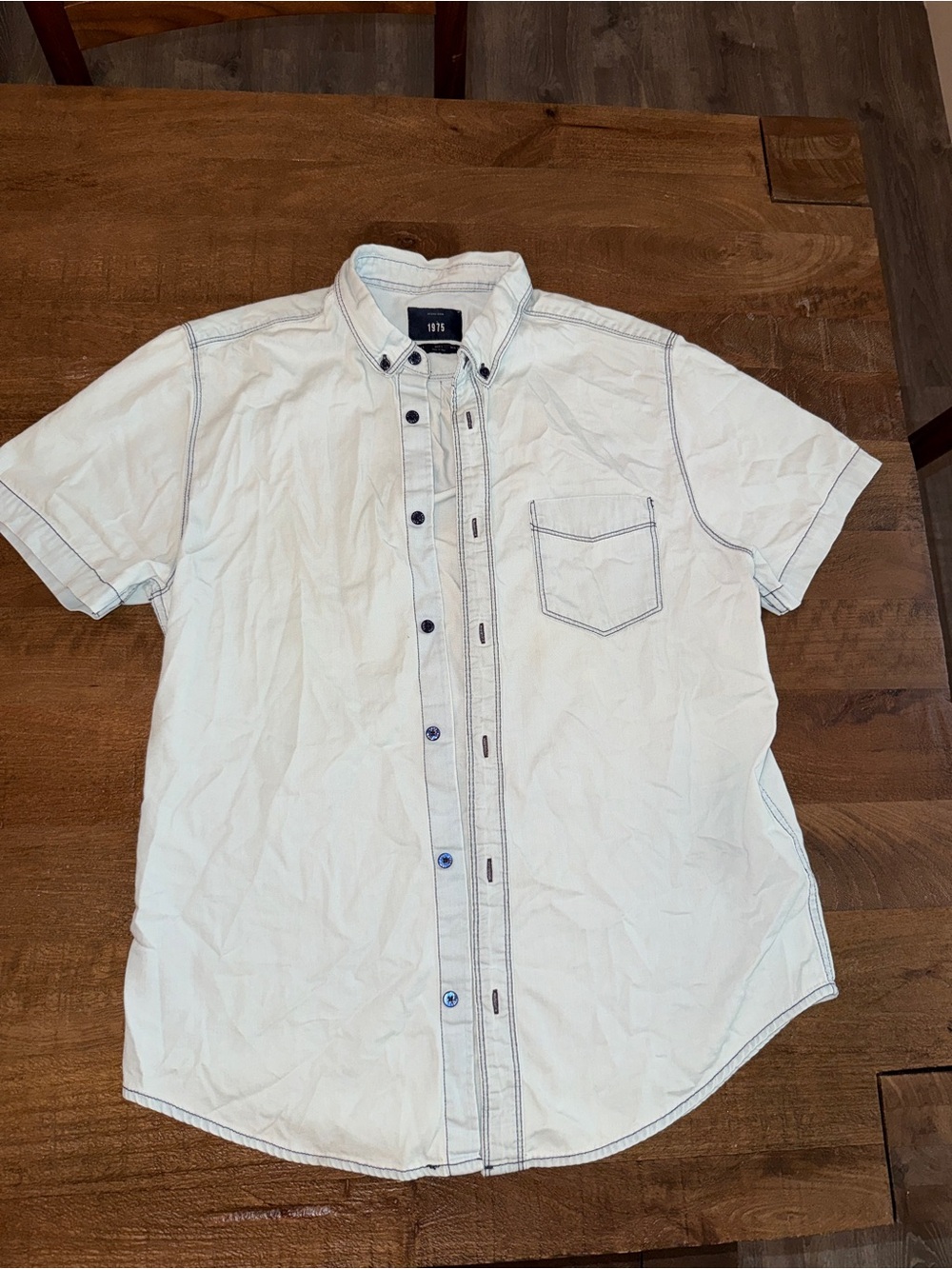Men's Short-Sleeve Button-Down Shirt in White with Contrast Stitching